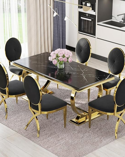 ACEDÉCOR Black and Gold Dining Chairs, Classic King Louis Dining Room Chair with Oval Back and Polished Gold X Shaped Legs, Black Velvet Upholstered Dining Chairs Set of 2 - LeafyLoom