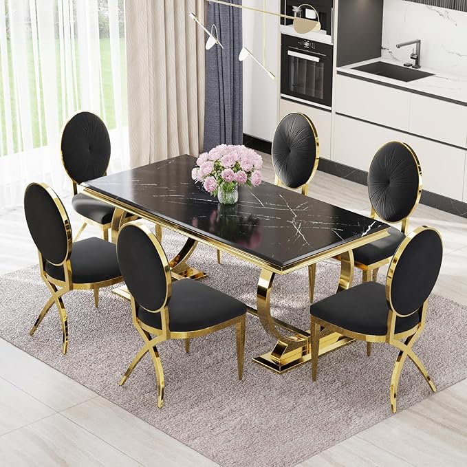 ACEDÉCOR Black and Gold Dining Chairs, Classic King Louis Dining Room Chair with Oval Back and Polished Gold X Shaped Legs, Black Velvet Upholstered Dining Chairs Set of 2 - LeafyLoom
