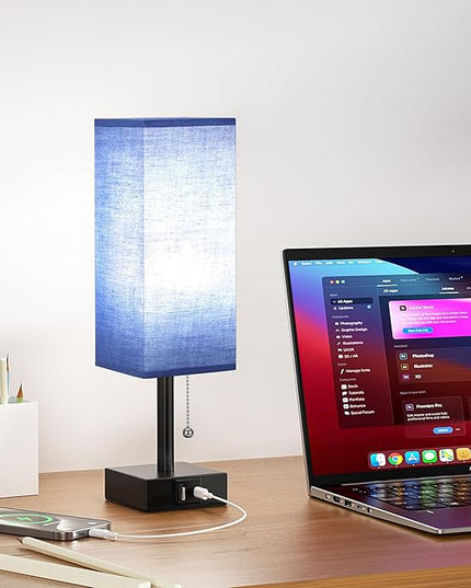Blue Small Table Lamp for Bedroom - 3 Color Temperature 3000K 5000K 4000K Bedside Lamp, Pull Chain Control, USB A and C Charging Ports, Black Base, for Kids Office Dorm nightstand, Bulb Included - LeafyLoom