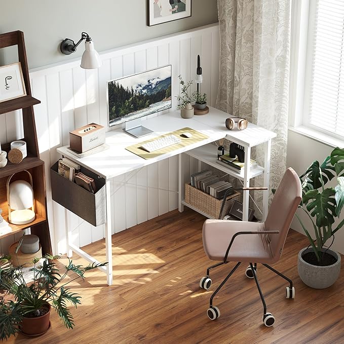 CubiCubi L Shaped Desk, 40" Computer Desk with Reversible Storage Shelves Home Office Corner Desk Study Writing Gaming Table, White - LeafyLoom