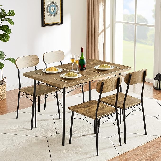 VECELO Dining Table Set for 4, 5 Piece Dinette with Chairs for Kitchen, Breakfast Nook and Small Space, Brown, 43.3" - LeafyLoom