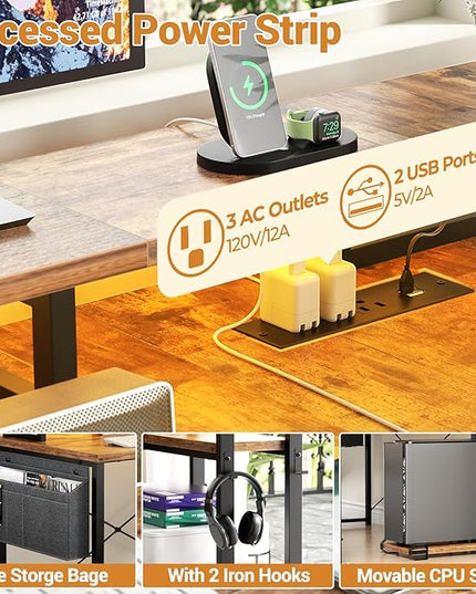 Unikito L Shaped Desk with File Drawer, Reversible L Shaped Computer Desk with Power Outlet & LED Lights, Home Office Desk Corner Desk with Monitor Shelf & Printer Cabinet, Gaming Desk, Rustic Brown - LeafyLoom