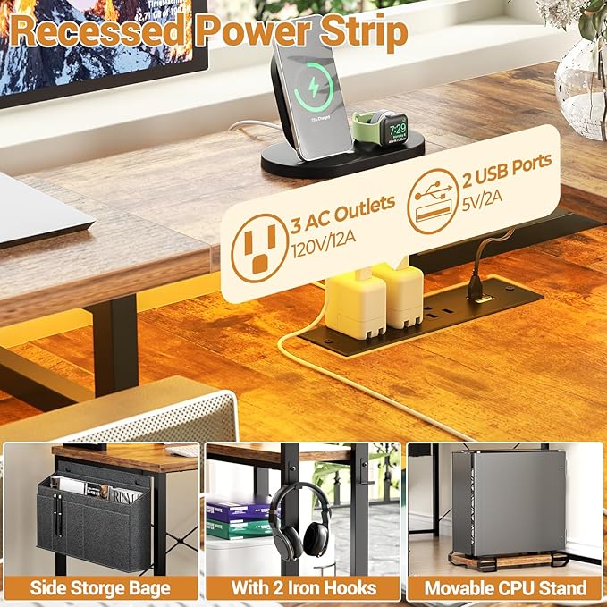 Unikito L Shaped Desk with File Drawer, Reversible L Shaped Computer Desk with Power Outlet & LED Lights, Home Office Desk Corner Desk with Monitor Shelf & Printer Cabinet, Gaming Desk, Rustic Brown - LeafyLoom