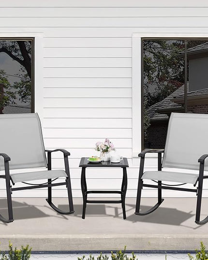 Shintenchi 3 Piece Rocking Bistro Set, Outdoor Furniture with Rocker Chairs and Glass coffee table set of 3, Balcony, Porch Furniture for Small Space, Light Gray - LeafyLoom