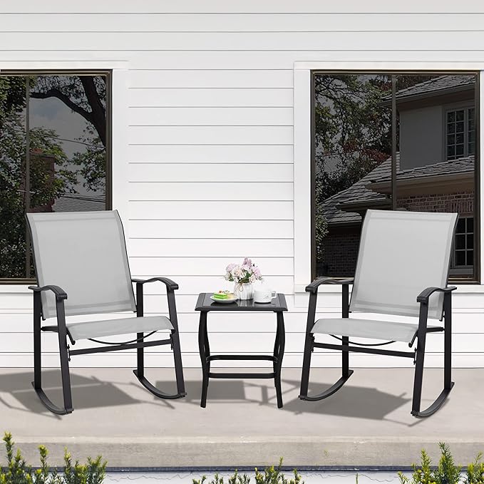 Shintenchi 3 Piece Rocking Bistro Set, Outdoor Furniture with Rocker Chairs and Glass coffee table set of 3, Balcony, Porch Furniture for Small Space, Light Gray - LeafyLoom