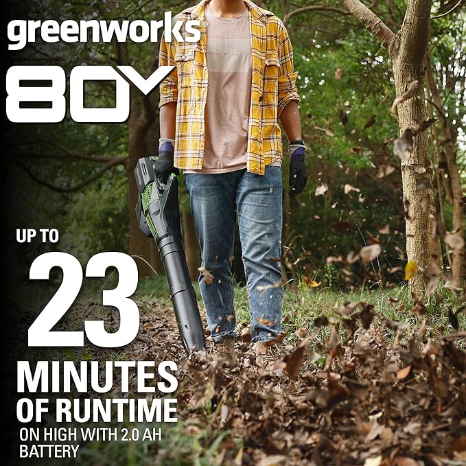 Greenworks 80V (150 MPH / 500 CFM / 75+ Compatible Tools) Cordless Axial Leaf Blower, 2.0Ah Battery and Charger Included - LeafyLoom