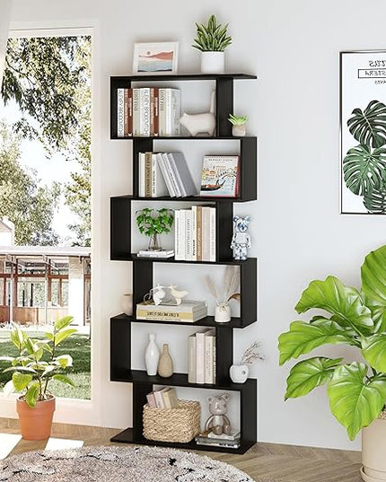 Yusong Bookshelf 6-Tier, Geometric Bookcase S Shaped Book Shelves for Bedroom, Modern Wood Decorative Display Shelf Tall Book Case for Home Office, Black - LeafyLoom