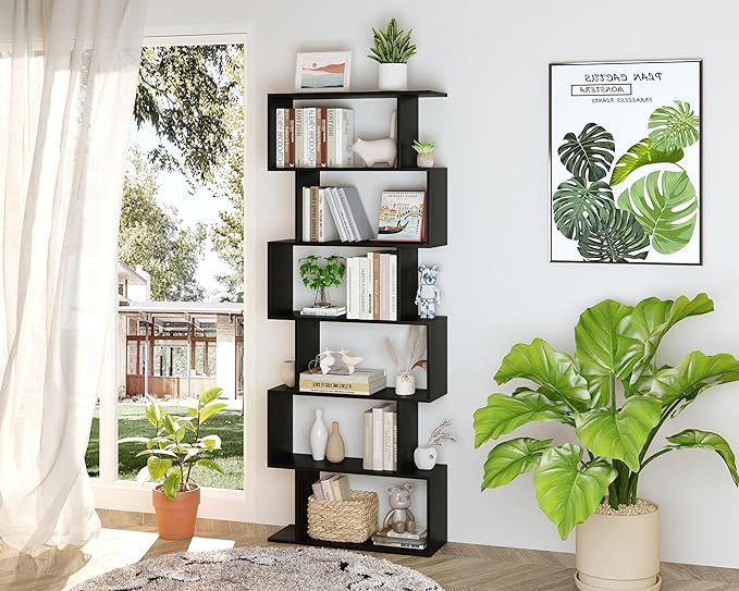 Yusong Bookshelf 6-Tier, Geometric Bookcase S Shaped Book Shelves for Bedroom, Modern Wood Decorative Display Shelf Tall Book Case for Home Office, Black - LeafyLoom