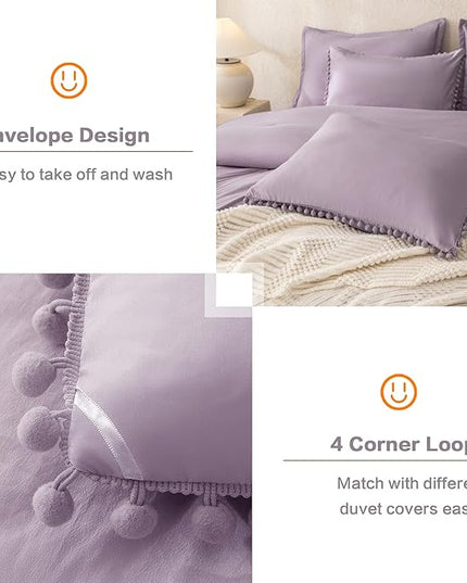 Litanika Queen Size Comforter Set Grey Purple,3 Pieces Grey Purple Boho Pom Pom Lightweight Bed Comforter, All Season Solid Color Bedding Comforter Sets (1 Comforter 90x90 Inch, 2 Pillowcases) - LeafyLoom