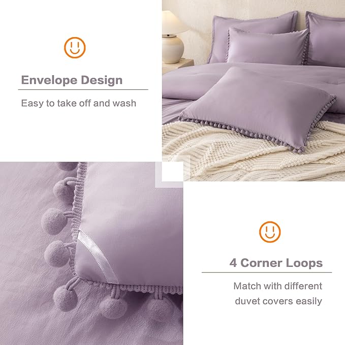 Litanika Queen Size Comforter Set Grey Purple,3 Pieces Grey Purple Boho Pom Pom Lightweight Bed Comforter, All Season Solid Color Bedding Comforter Sets (1 Comforter 90x90 Inch, 2 Pillowcases) - LeafyLoom