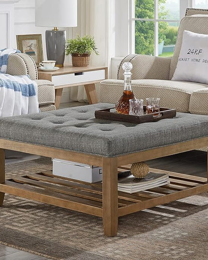 24KF Large Square Upholstered Tufted Linen Ottoman Coffee Table, Large Footrest Ottoman with Solid Wood Shelf-Granite - LeafyLoom