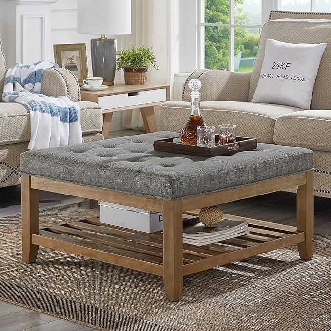 24KF Large Square Upholstered Tufted Linen Ottoman Coffee Table, Large Footrest Ottoman with Solid Wood Shelf-Granite - LeafyLoom