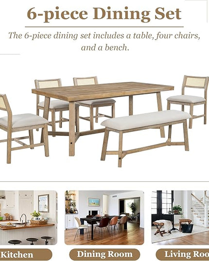 Merax 6-piece Retro Farmhouse Style Dining Set for 6 Wood Kitchen Rattan Backrest Upholstered Living Room, Home, 72" Rectangular Table+4 Chairs+1 Bench, Natural+Beige - LeafyLoom