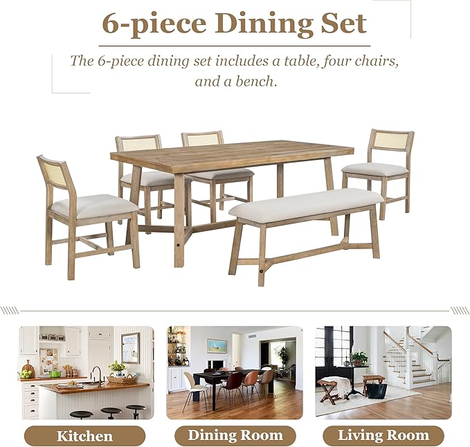 Merax 6-piece Retro Farmhouse Style Dining Set for 6 Wood Kitchen Rattan Backrest Upholstered Living Room, Home, 72" Rectangular Table+4 Chairs+1 Bench, Natural+Beige - LeafyLoom