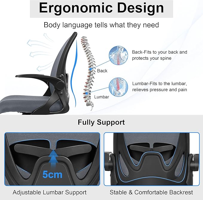 Primy Office Chair Ergonomic Desk Chair with Adjustable Lumbar Support and Height, Swivel Breathable Desk Mesh Computer Chair with Flip up Armrests for Conference Room（Dark Gray） - LeafyLoom