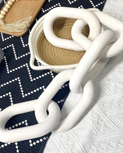 Wood Chain Link Decor | Hand Boho Carved Decor for Table, Shelf Decor Accents Rustic Farmhouse Aesthetic 5 Link Chain Knot Decor Home Living Room, Bedroom, Entryway Coffee Table Decor (White) - LeafyLoom