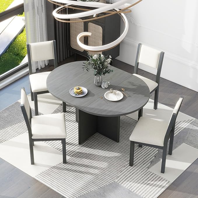 NicBex Small Dining Table Set for 4 Kitchen Table and Chairs 5-Piece Retro Functional Dining Set, 1 Extendable Table with a 16-inch Leaf and 4 Upholstered Chairs for Dining Room and Kitchen, White - LeafyLoom