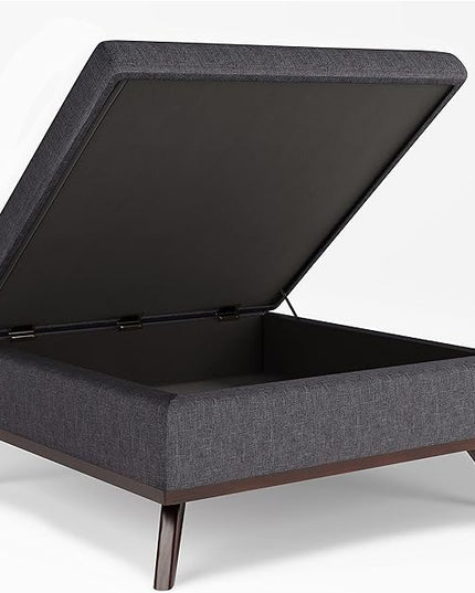 SIMPLIHOME Owen 36 Inch Wide Mid Century Modern Square Coffee Table Lift Top Storage Ottoman in Upholstered Slate Grey Linen look fabric, For the Living Room - LeafyLoom