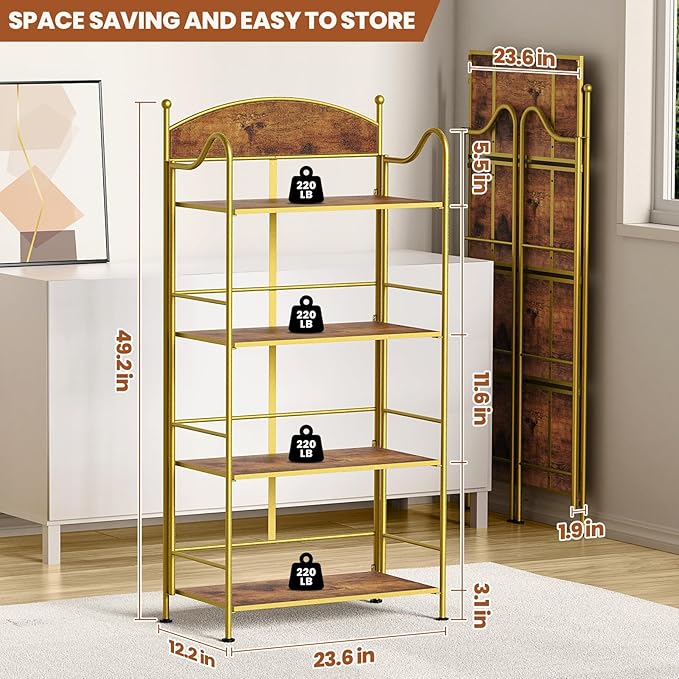 Folding Bookshelf No Assembly, 4 Shelf Gold Folding Bookcase with Sturdy Metal Frame, Vintage Open Standing Collapsible Shelves for Bedroom, Living Room, Home Office Organization - LeafyLoom