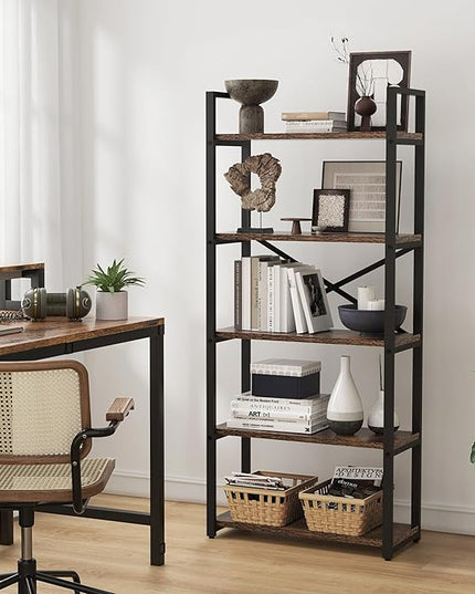 5 Tier Bookshelf Rustic Industrial Style, Storage Shelves, Metal Book Shelves Bookcase Book Shelf Display Shelf for Home Office, Living Room, Bedroom, Kitchen (23.6" W, Brown) - LeafyLoom