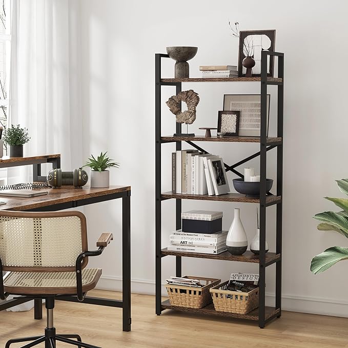 5 Tier Bookshelf Rustic Industrial Style, Storage Shelves, Metal Book Shelves Bookcase Book Shelf Display Shelf for Home Office, Living Room, Bedroom, Kitchen (23.6" W, Brown) - LeafyLoom