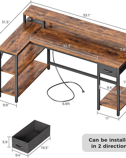 SUPERJARE 53 inch Reversible L Shaped Desk with LED Lights & Power Outlets, Computer Desk with Shelves & Monitor Stand, Gaming Desk with Drawer, Home Office Desk Corner Desk, Rustic Brown - LeafyLoom