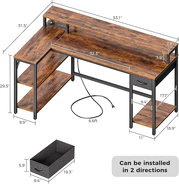 SUPERJARE 53 inch Reversible L Shaped Desk with LED Lights & Power Outlets, Computer Desk with Shelves & Monitor Stand, Gaming Desk with Drawer, Home Office Desk Corner Desk, Rustic Brown - LeafyLoom