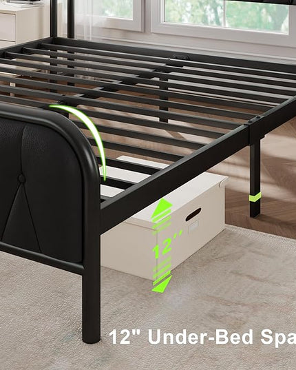 Feonase Queen Bed Frame with Type-C & USB Port, Metal Platform Beds, with Faux Leather Upholstered Headboard & Footboard, 12" Underbed Storage Space, Easy Assembly, Noise-Free, Black - LeafyLoom