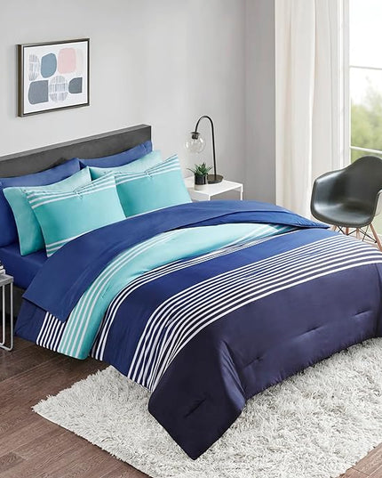 Comfort Spaces Full Comforter Sets with Sheets - Bed in a Bag 9 Pieces Teen Bedding Sets Full, Navy and Grey Stripes Bedding Full, College Full Bed Set, 2 Side Pocket Bedroom Organizer Full Navy - LeafyLoom