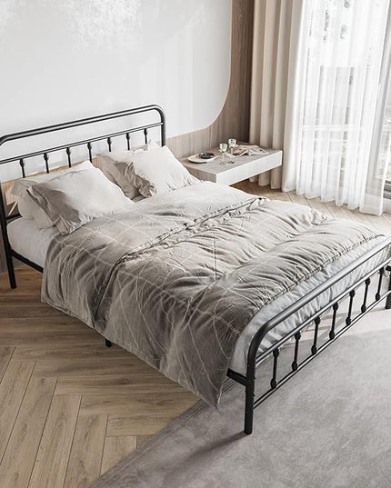 Vintage Queen Size Bed Frame with Headboard and Footboard Mattress Heavy Duty Metal Platform, Steel Slat Support (Queen, Black Sanded) - LeafyLoom