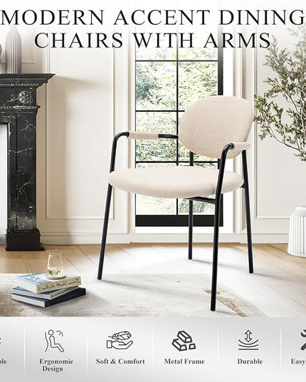 COLAMY Boucle Dining Chairs Set of 4, Fabric Dining Chairs Set of 4 with Arms, Upholstered Dining Armchairs with Back for Kitchen,Dining Room, Beige - LeafyLoom