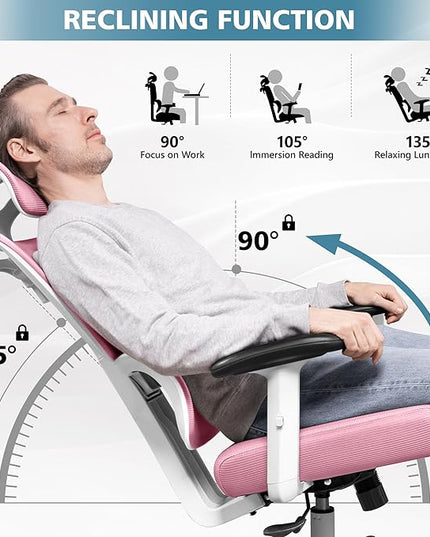 Primy Office Chair Ergonomic Desk Chair, High Back Computer Gaming Chair, Comfy Big and Tall Home Office Chair with Lumbar Support, Breathable Mesh Reclining Chair Adjustable Armrests Headrest(Pink) - LeafyLoom