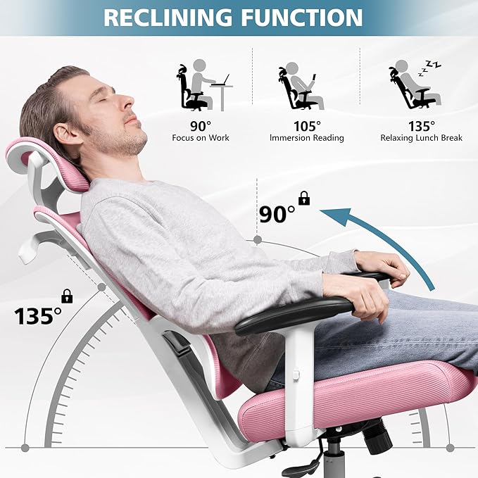 Primy Office Chair Ergonomic Desk Chair, High Back Computer Gaming Chair, Comfy Big and Tall Home Office Chair with Lumbar Support, Breathable Mesh Reclining Chair Adjustable Armrests Headrest(Pink) - LeafyLoom