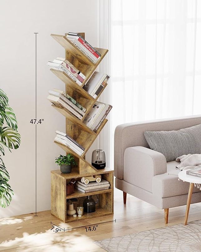 SUNMORY 6 Tier Tree Bookshelf, Small Bookcase with Storage Cabinet, Modern Tall Narrow Bookshelves Organizer, Floor Standing Book Shelf for Bedroom/Living Room/Home Office/Corner, Rustic Brown - LeafyLoom
