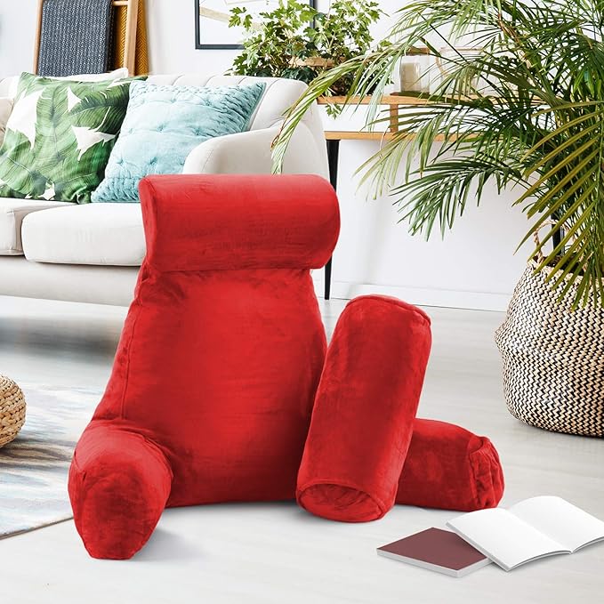 Clara Clark Reading Pillow, Large Back Pillow for Sitting Up in Bed, Memory Foam Back Support Pillow, Reading Pillows for Sitting in Bed Adult, Red Sit Up Pillow for Bed Chair with Arms and Pockets - LeafyLoom