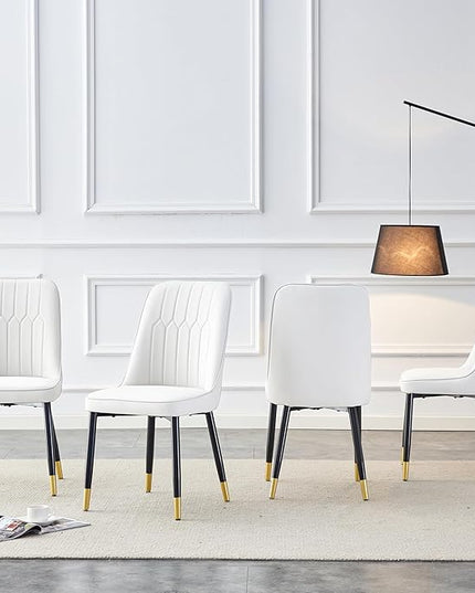 Modern Set of 4, Faux Leather Dining PU Upholstered White Kitchen Chairs with Black Golden Metal Legs for Home Living Room, Restaurant, 4 Piece - LeafyLoom