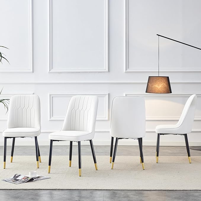 Modern Set of 4, Faux Leather Dining PU Upholstered White Kitchen Chairs with Black Golden Metal Legs for Home Living Room, Restaurant, 4 Piece - LeafyLoom