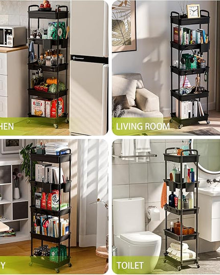 5 Tier Small Rolling Cart Organizer,Bathroom Cart Organizers with Wheels Laundry Room Organization Mobile Shelving Unit Utility Cart Storage Shelves Multi-Functional for Office, Home(Black) - LeafyLoom