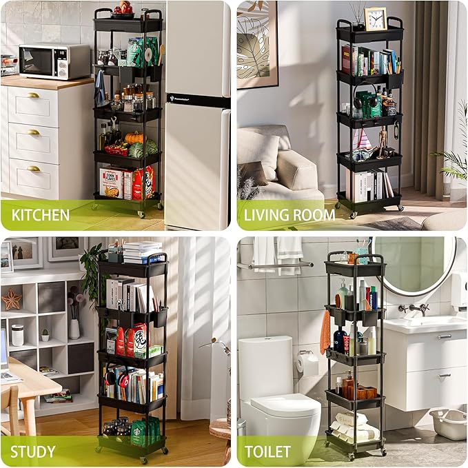 5 Tier Small Rolling Cart Organizer,Bathroom Cart Organizers with Wheels Laundry Room Organization Mobile Shelving Unit Utility Cart Storage Shelves Multi-Functional for Office, Home(Black) - LeafyLoom