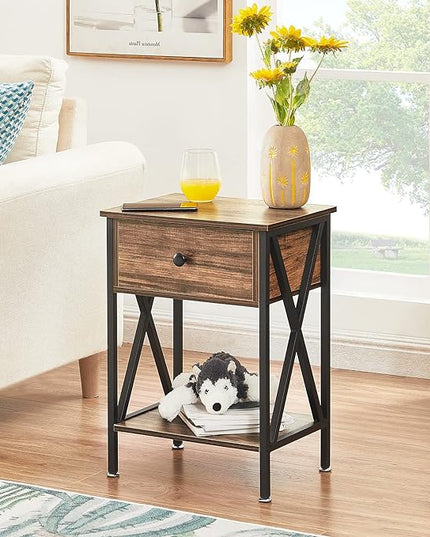 VECELO Night Stands for Bedroom Nightstand Bedside End Tables with Drawer Storage, (Set of 2), Rustic Brown - LeafyLoom