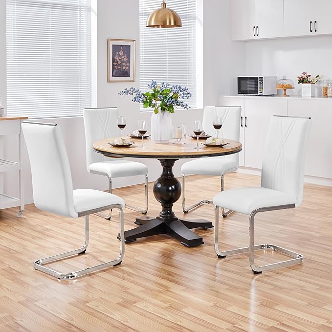 Yaheetech Dining Chairs Set of 2 Modern Dining Room Chairs Kitchen Chairs with Faux Leather Seat, Metal Legs and High Back for Dining Room, Kitchen, White - LeafyLoom