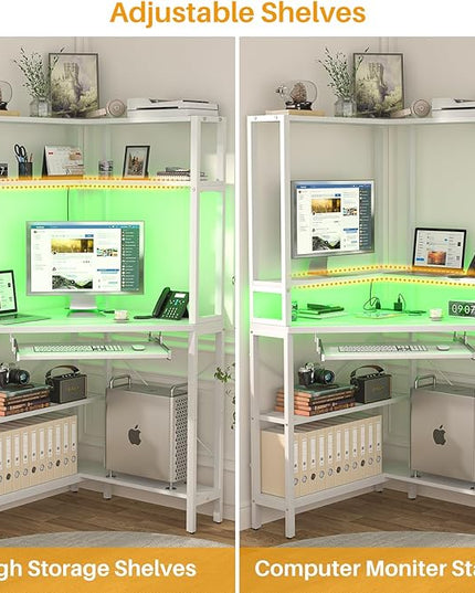 Cyclysio Small Corner Desk with Hutch, Corner Gaming Desk with LED Light & Power Outlets, Computer Desk with Keyboard Tray, Triangel Desk for Small Space, Home Office, Workstation, White - LeafyLoom