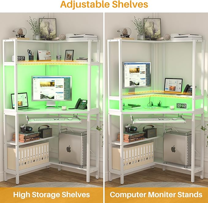 Cyclysio Small Corner Desk with Hutch, Corner Gaming Desk with LED Light & Power Outlets, Computer Desk with Keyboard Tray, Triangel Desk for Small Space, Home Office, Workstation, White - LeafyLoom