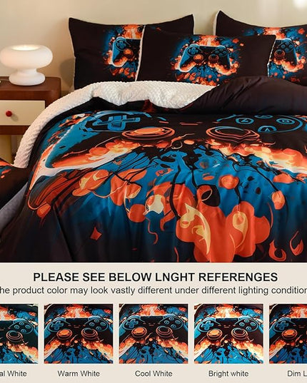 Video Game Twin Size Comforter Set for Boys Kids Teens Gamepad Gaming Controller and Fire Pattern Bedding Set- 3 Piece Quilt with 2 Pillowcases (68"x90") - LeafyLoom