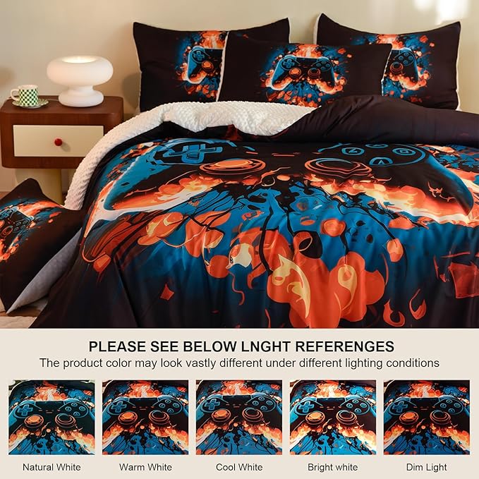 Video Game Twin Size Comforter Set for Boys Kids Teens Gamepad Gaming Controller and Fire Pattern Bedding Set- 3 Piece Quilt with 2 Pillowcases (68"x90") - LeafyLoom