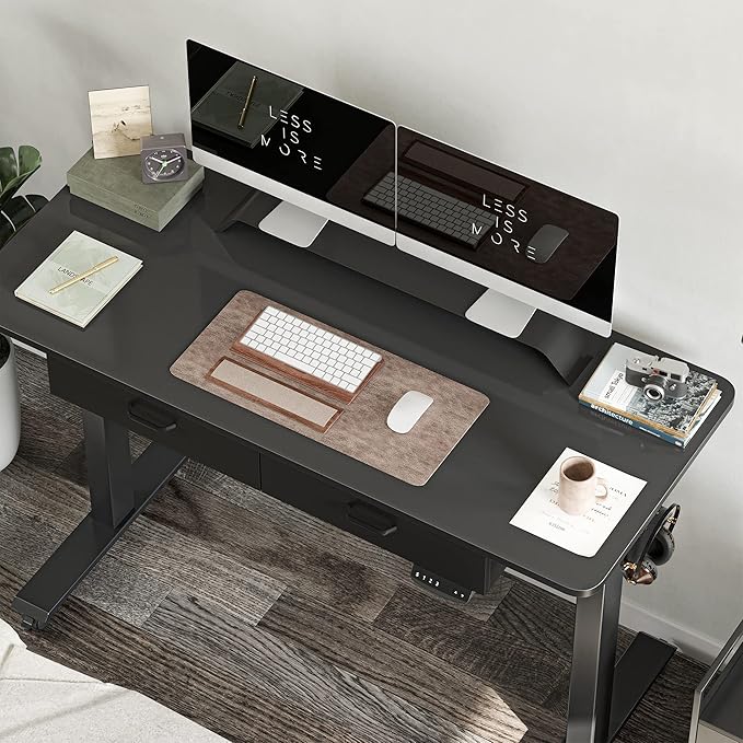 BANTI 55'' Adjustable Height Electric Standing Desk with Double Drawer, Computer Workstation Stand Up Home Office Desk with Splice Tabletop, Black Frame/Black Top - LeafyLoom