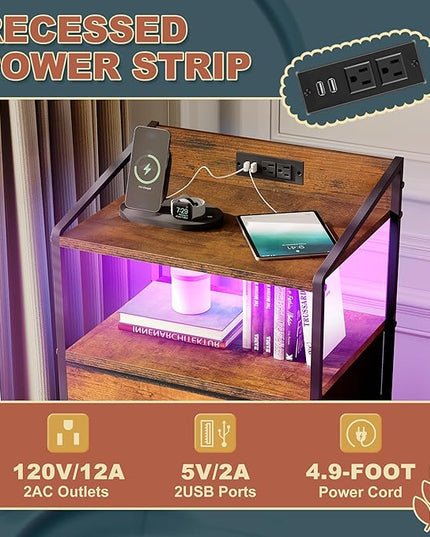 Nightstand 4 Drawer Dresser with LED Lights and Charging Station, Vertical Side Table with Fabric Drawers, End Table with Open Shelf, Tall Dresser for Bedroom, Hallway, Entryway, Rustic Brown - LeafyLoom