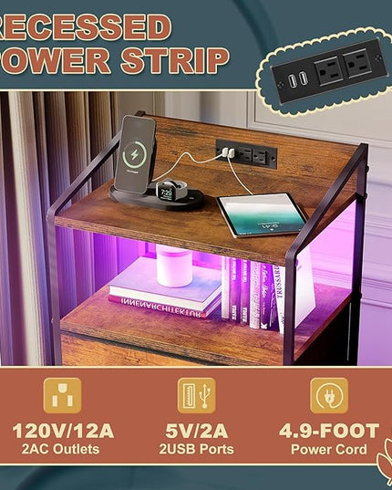 Nightstand 5 Drawer Dresser with LED Lights and Charging Station, Vertical Side Table with Fabric Drawers, End Table with Open Shelf, Tall Dresser for Bedroom, Hallway, Entryway, Rustic Brown - LeafyLoom