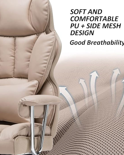 Desk Office Chair 400LBS, Big and Tall Office Chair, PU Leather Computer Chair, Executive Office Chair with Leg Rest and Lumbar Support, Dark Beige Office Chair - LeafyLoom