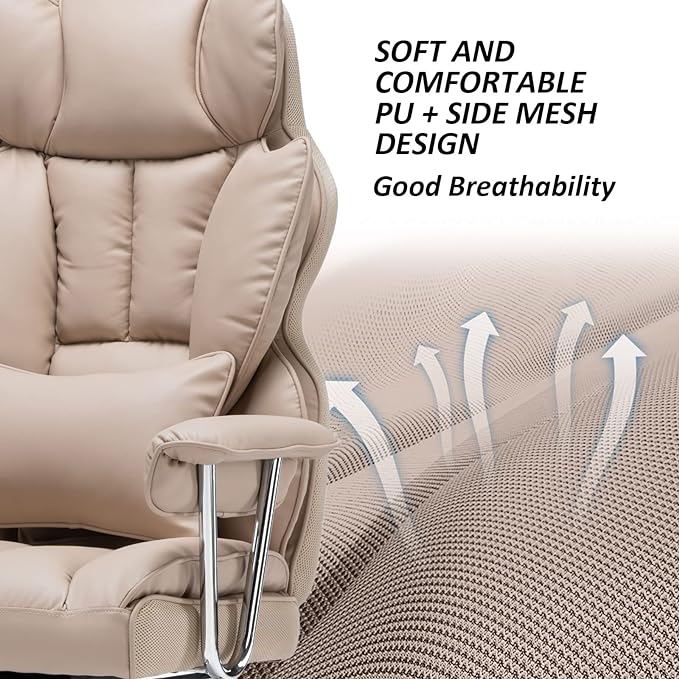Desk Office Chair 400LBS, Big and Tall Office Chair, PU Leather Computer Chair, Executive Office Chair with Leg Rest and Lumbar Support, Dark Beige Office Chair - LeafyLoom